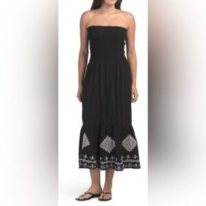 Elegant Embroidered Maxi Black Strapless Cotton Coverup 4OUR DREAMERS Sz S NWT